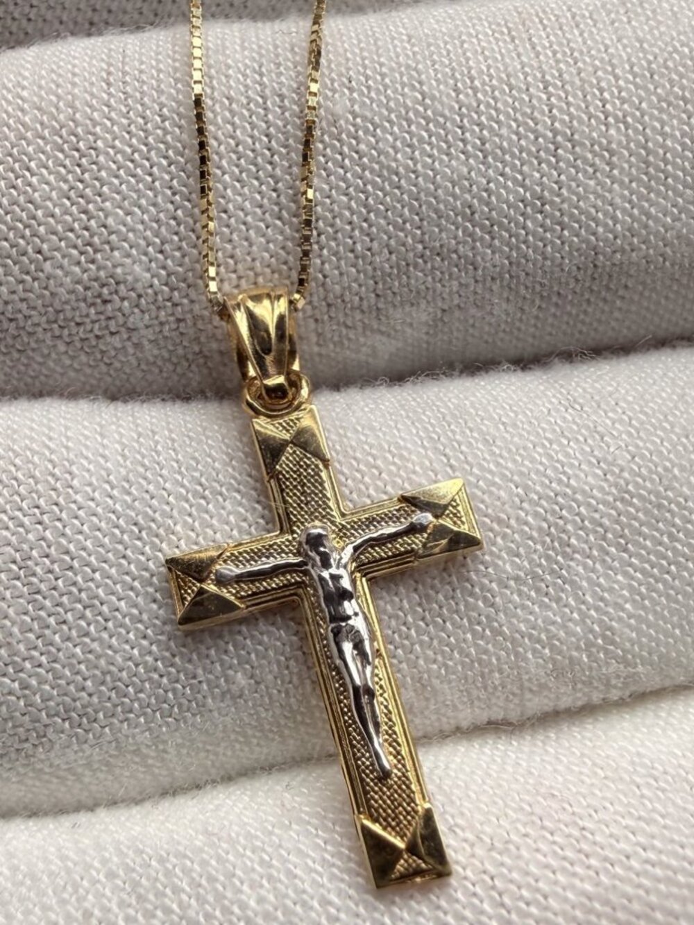 14K Two Tone Gold Crucufix Pendant With 0.8mm Box Chain - 22 inch